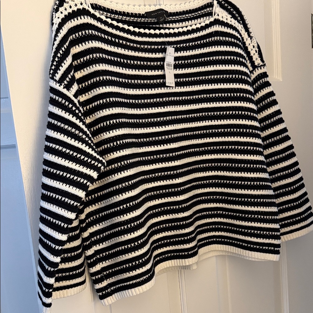 Ann Taylor Black & White Striped Crochet Crewneck Sweater